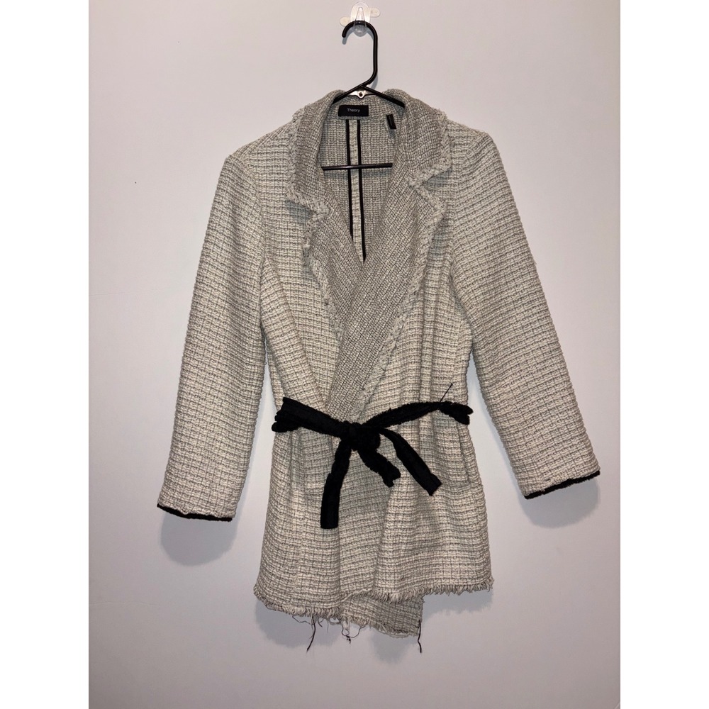 Theory Clairene R Carson Tweed Jacket Cotton Blend Wrap Belted Fringe Coat
